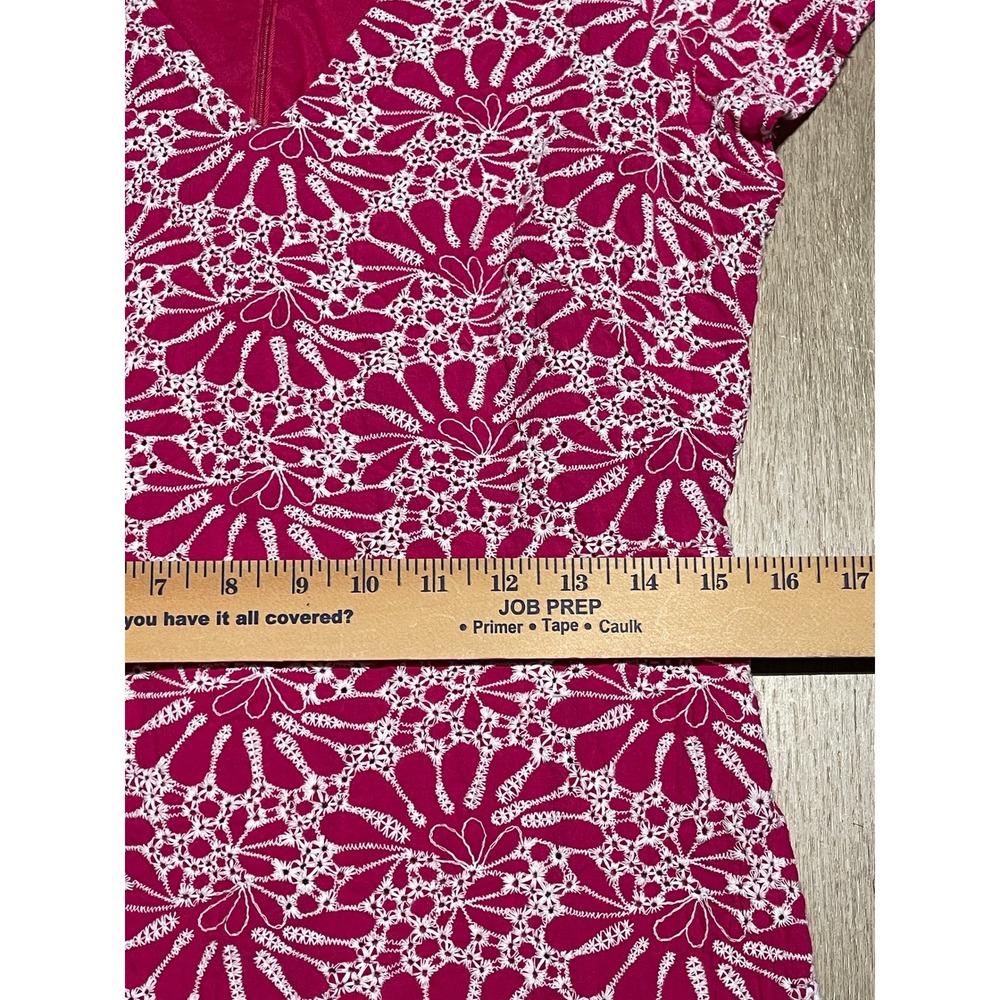 Loft Dress Size 10 Pink White Floral Cotton Short Sleeve Belted V‎ Neck Ruffle - Picture 3 of 8